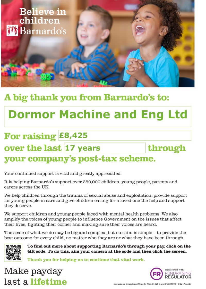 Dormor Machine's Donations Towards Barnado's